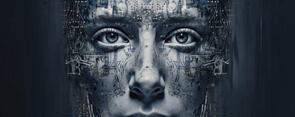 Close-up on a blue and grey android face made with electronic components and circuits, artificial intelligence concept, generative ai illustration