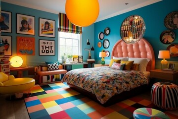 Obraz na płótnie Canvas A funky Retro Bedroom with vivid Pop art prints, geometric shapes wallpaper, a round bed with a colorful rug, and a cylindrical pendant light, generative ai