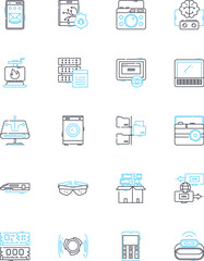 Communications tools linear icons set. Email, Chat, Video, Ph, Text, Voice, Conferencing line vector and concept signs. Telephony,Messaging,Collaboration outline illustrations