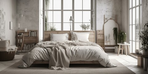 A monochromatic Scandinavian Bedroom with a focus on texture and simplicity, generative ai