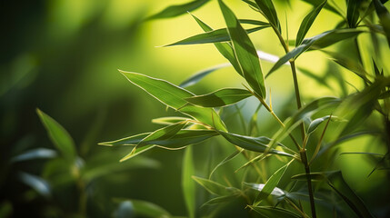 Obraz premium Beautiful green bamboo leaves. Bamboo green leaves. Green and yellow bamboo leaves background in the nature. 3D realistic illustration. Creative AI