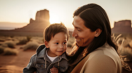 Young Native American father and son in the desert by generative AI
