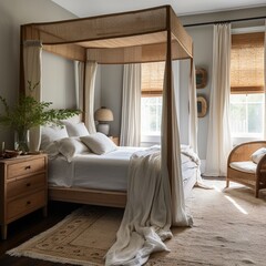 A serene Country Bedroom with a draped canopy bed and natural fiber rug, generative ai