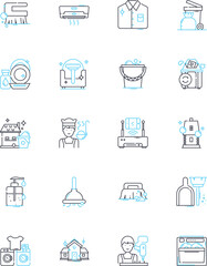 Tidying linear icons set. Cleanliness, Organization, Neatness, Order, Declutter, Sweep, Scrub line vector and concept signs. Purge,Sort,Arrange outline illustrations