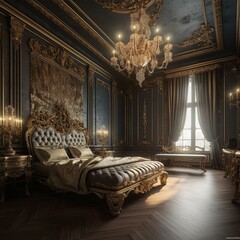 A decadent Baroque Bedroom modeled after the grand palaces of Europe with lavish materials like gilded finishes, silk wall coverings, luxurious lighting and gold decorated furnishings, generative ai
