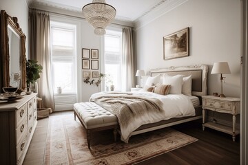 A chic bedroom with a mix of vintage and modern furniture and lace details, generative ai