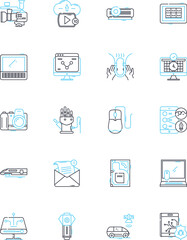 Digital media linear icons set. Broadcasting, Streaming, Interactivity, Content, Video, Audio, Graphics line vector and concept signs. Animation,Design,Viral outline illustrations