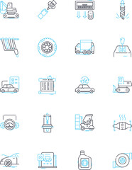 Vehicle linear icons set. Acceleration, Aerodynamics, Agility, Alternator, Axles, Battery, Brakes line vector and concept signs. Carburator,Chassis,Clutch outline illustrations