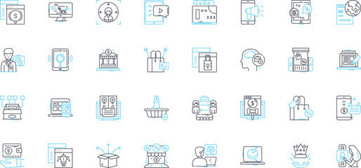 Web promotion linear icons set. SEO, Marketing, Advertising, Branding, Traffic, Social media, Analytics line vector and concept signs. Search engines,Google,Conversion outline illustrations