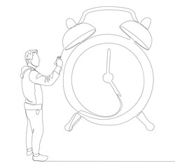 One continuous line of Man pointing at Alarm Clock. Thin Line Illustration vector concept. Contour Drawing Creative ideas.