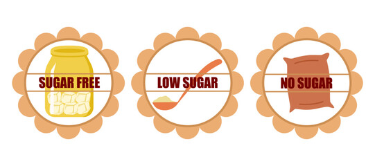 Low sugar and no sugar sticker set in flat design on white background.