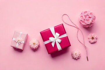 Red and pink gift boxes isolated on pastel spring background