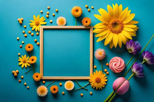 Sunflowers and blank photo frame isolated on pastel background