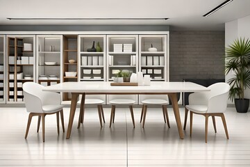 Luxury white dining room interior with white marble table and chairs