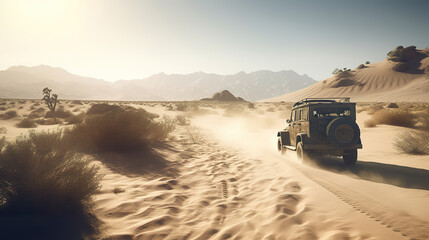 Fototapeta na wymiar Car traveling through the desert dusty road under the sun. Sand dunes in the desert. Jeep trail on the white sand dunes. 3D realistic illustration. Creative AI