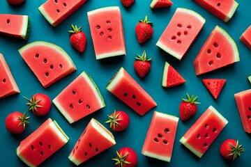 Top view of slices watermelon pattern isolated on black background