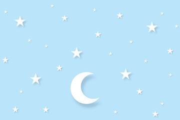 Fototapeta premium night sky with stars and moon. paper art style. Dreamy background with moon stars and clouds, abstract fantasy background. Half moon, stars and clouds on the dark night sky background. 