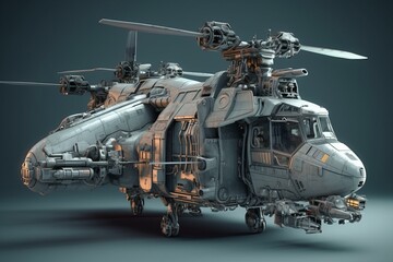 Fototapeta na wymiar Futuristic gunship or very detailed flying military machine with heavy wepons. Isolated on gray background. 3D illustration. Generative AI