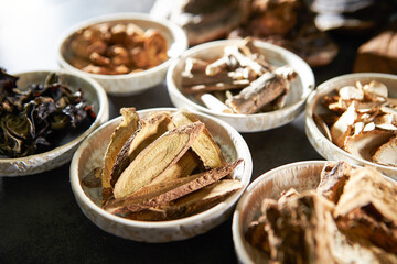 Various kinds of herbal medicines on a plate
