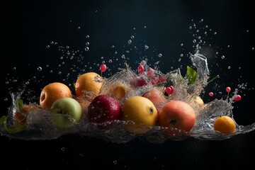 Fototapeta na wymiar Fruits and vegetables splashing deep into water on a dark background generative AI