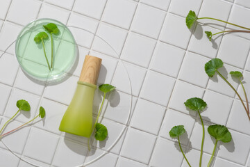 A jar placed on transparent round podium with a glass petri dish of green liquid and Gotu kola...