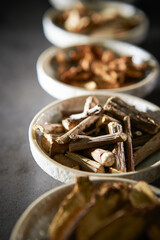 Various kinds of herbal medicines on a plate	