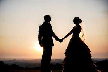Fototapeta na wymiar Silhouette of bride and groom at sunset, post processed generative AI art