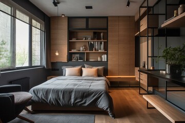 A comfortable and functional Bedroom with ample storage and a mix of wood and metal finishes, generative ai