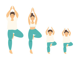 立ちながら木のポーズでヨガをする家族4人