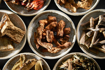 Various kinds of herbal medicines on a plate	