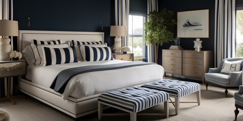 A quintessential seaside-inspired Bedroom featuring a classic navy and white stripe scheme, brass anchor decor, and a rope-wrapped headboard for a charming coastal touch, generative ai