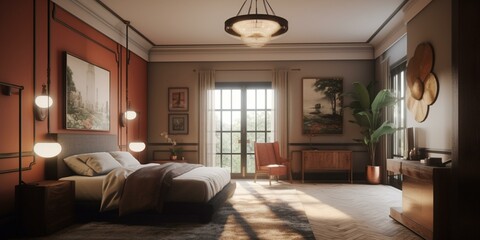 A cozy Art Deco-inspired bedroom with warm tones of wood and soft textures, accentuated by a statement lighting fixture and eclectic decor pieces, generative ai