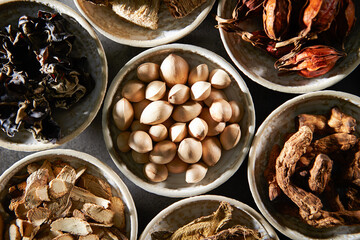 Various kinds of herbal medicines on a plate	