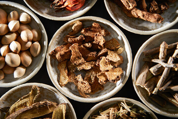 Various kinds of herbal medicines on a plate	
