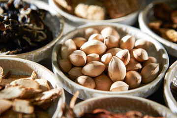 Various kinds of herbal medicines on a plate	