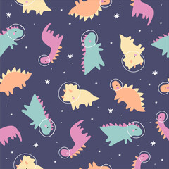 Obraz na płótnie Canvas Cute Cartoon Little Dinosaur in space - vector illustration in flat style. Seamless pattern with dono