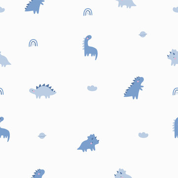 Cute Cartoon Little Dino - Vector Illustration. Simple Dinosaur Print For Kids - Seamless Pattern