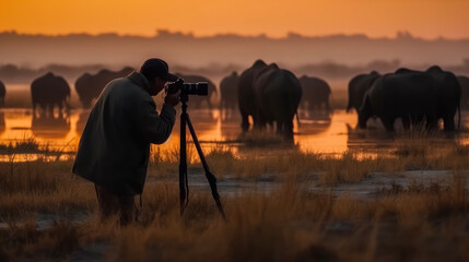 sunrise with animals and a photographer