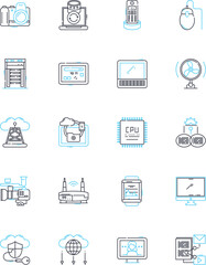 Computer parts linear icons set. Motherboard, Processor, Graphics card, RAM, Hard drive, SSD, Power supply line vector and concept signs. Fans,Cooling,Ethernet outline illustrations Generative AI