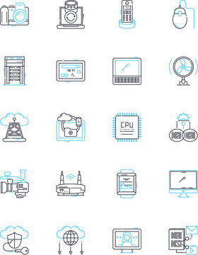 Computer parts linear icons set. Motherboard, Processor, Graphics card, RAM, Hard drive, SSD, Power supply line vector and concept signs. Fans,Cooling,Ethernet outline illustrations Generative AI