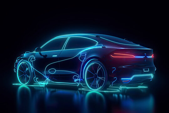 Electric car charging on the station, vector illustration. Blue neon glowing EV