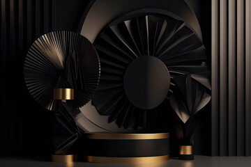 abstract black gold background with empty stage and folded fans. Cylinder podium