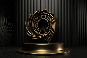 abstract black gold background with empty stage and folded fans. Cylinder podium