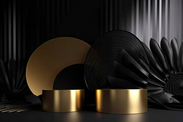 abstract black gold background with empty stage and folded fans. Cylinder podium