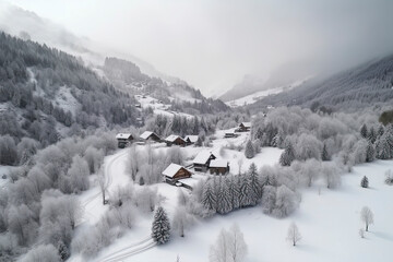 Snow-covered landscape with chalet houses, in the foothills of the Alps