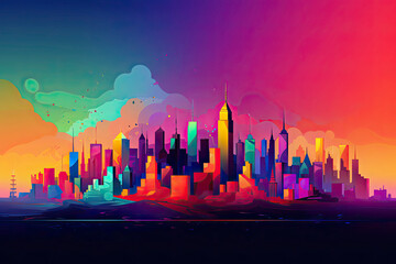 Spectacular urban skyline with colourful city