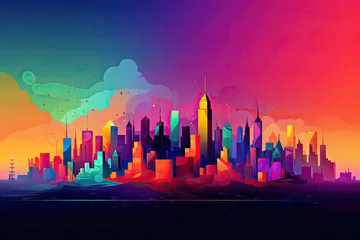 Keuken foto achterwand Aquarelschilderij wolkenkrabber  Spectacular urban skyline with colourful city
