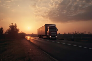 Semi Truck Driving on The Road at Sunset Sky. Industry Road Freight Trucks. Lorry Tractor