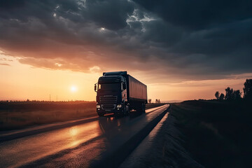 Semi Truck Driving on The Road at Sunset Sky. Industry Road Freight Trucks. Lorry Tractor