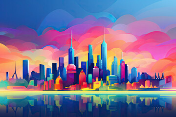 Spectacular urban skyline with colourful city
